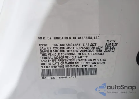 2017 Honda Pilot Touring из США, поврежденный, VIN 5FNYF6H91HB098315